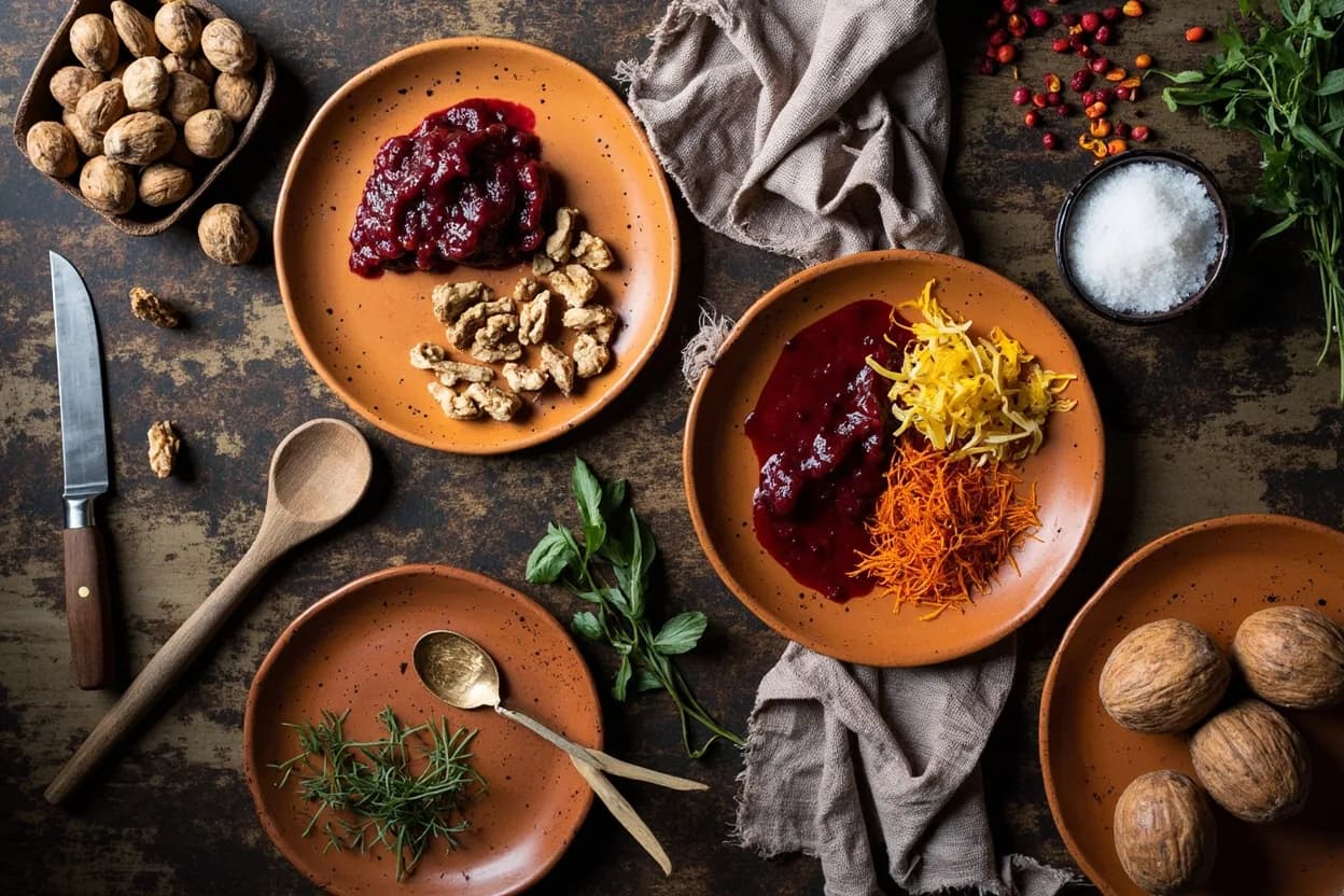 Mise en place for Georgian (Caucasus): the staple ingredients and key tools of the tradition laid out on the cook's board.