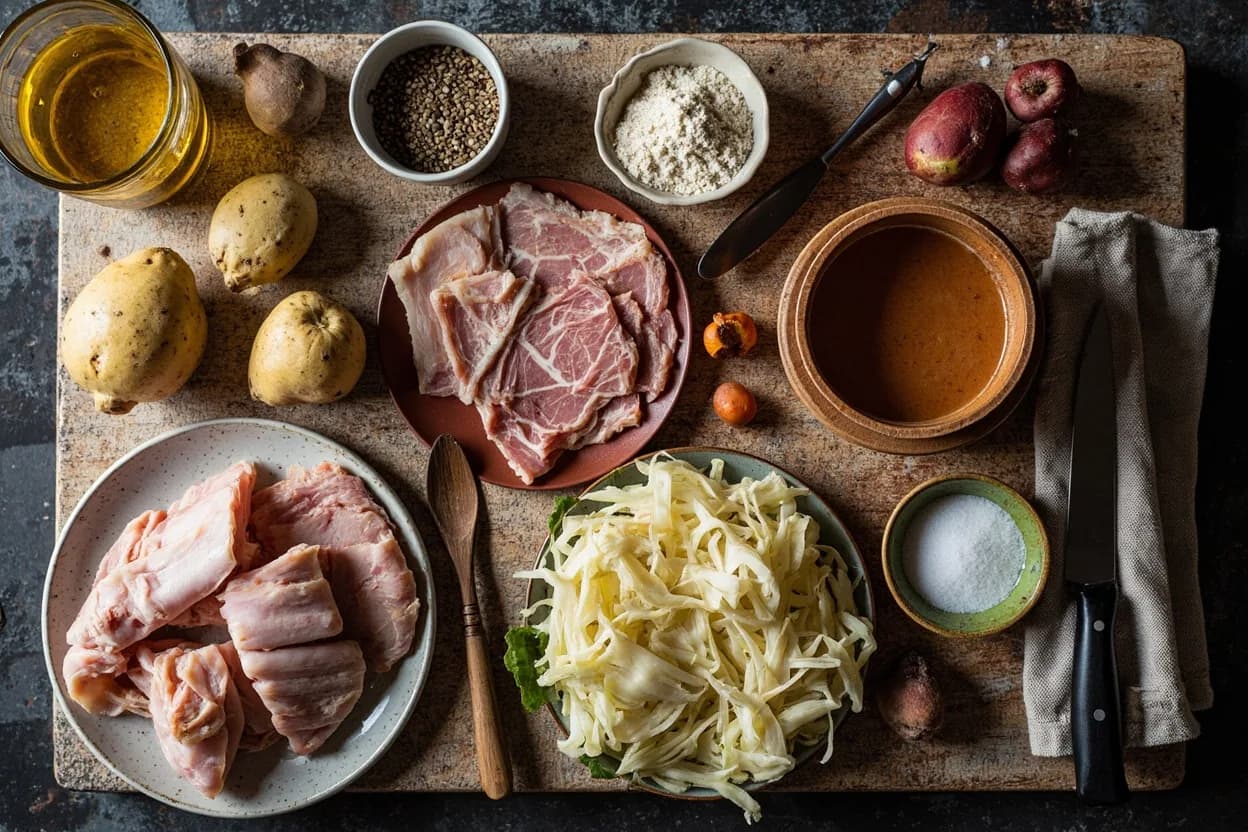 Mise en place for German (Sauerteig & Wurst Tradition): the staple ingredients and key tools of the tradition laid out on the cook's board.