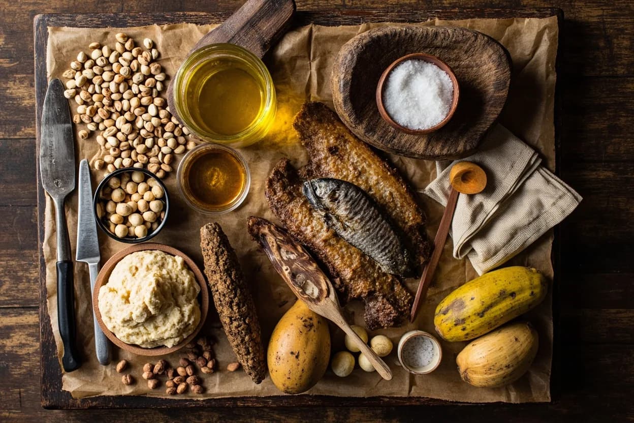 Mise en place for Ghanaian: the staple ingredients and key tools of the tradition laid out on the cook's board.