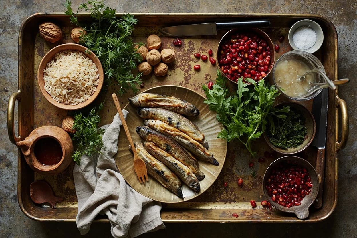 Mise en place for Gilaki (Caspian Coast): the staple ingredients and key tools of the tradition laid out on the cook's board.