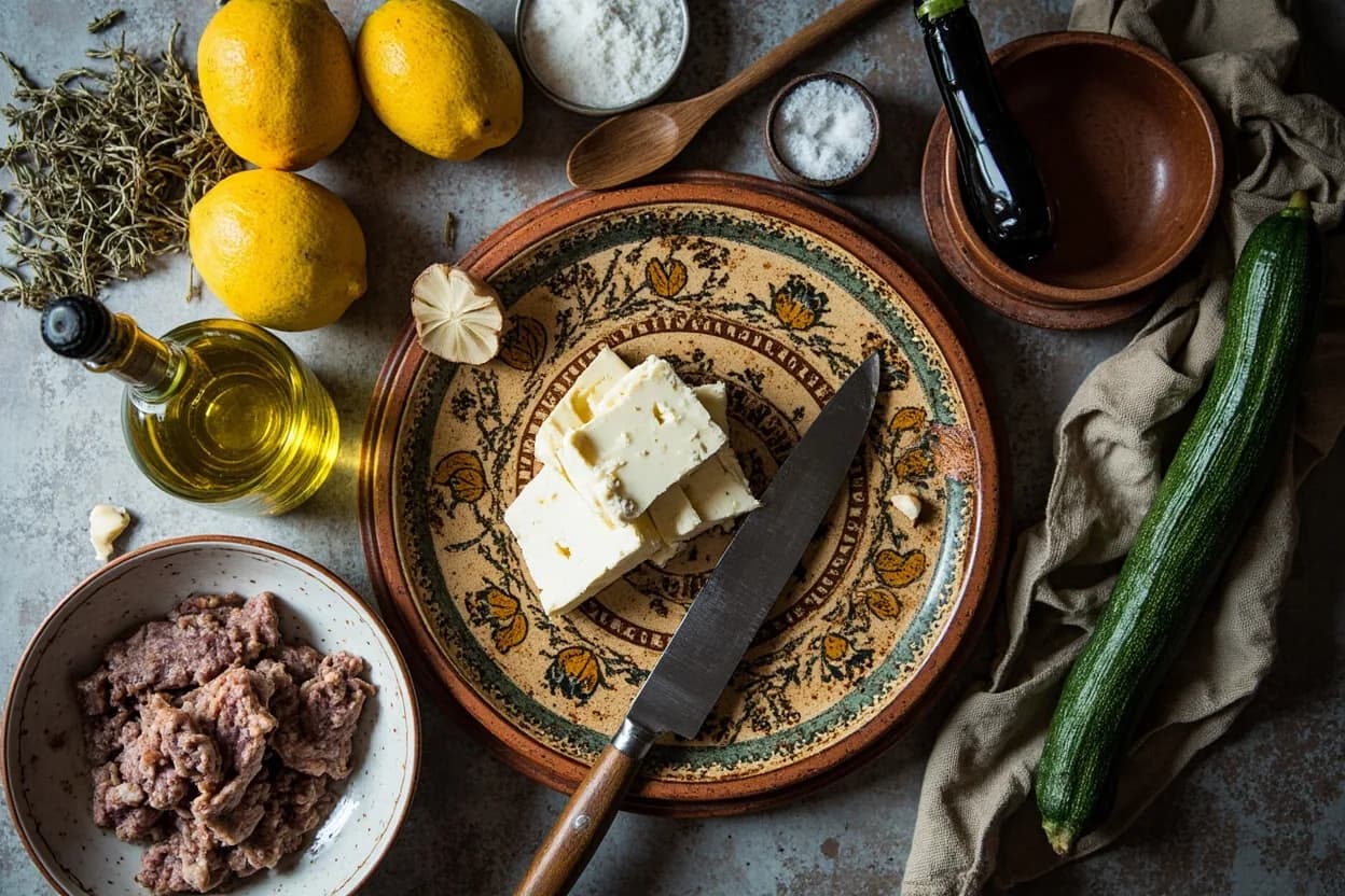 Mise en place for Greek (Hellenic): the staple ingredients and key tools of the tradition laid out on the cook's board.
