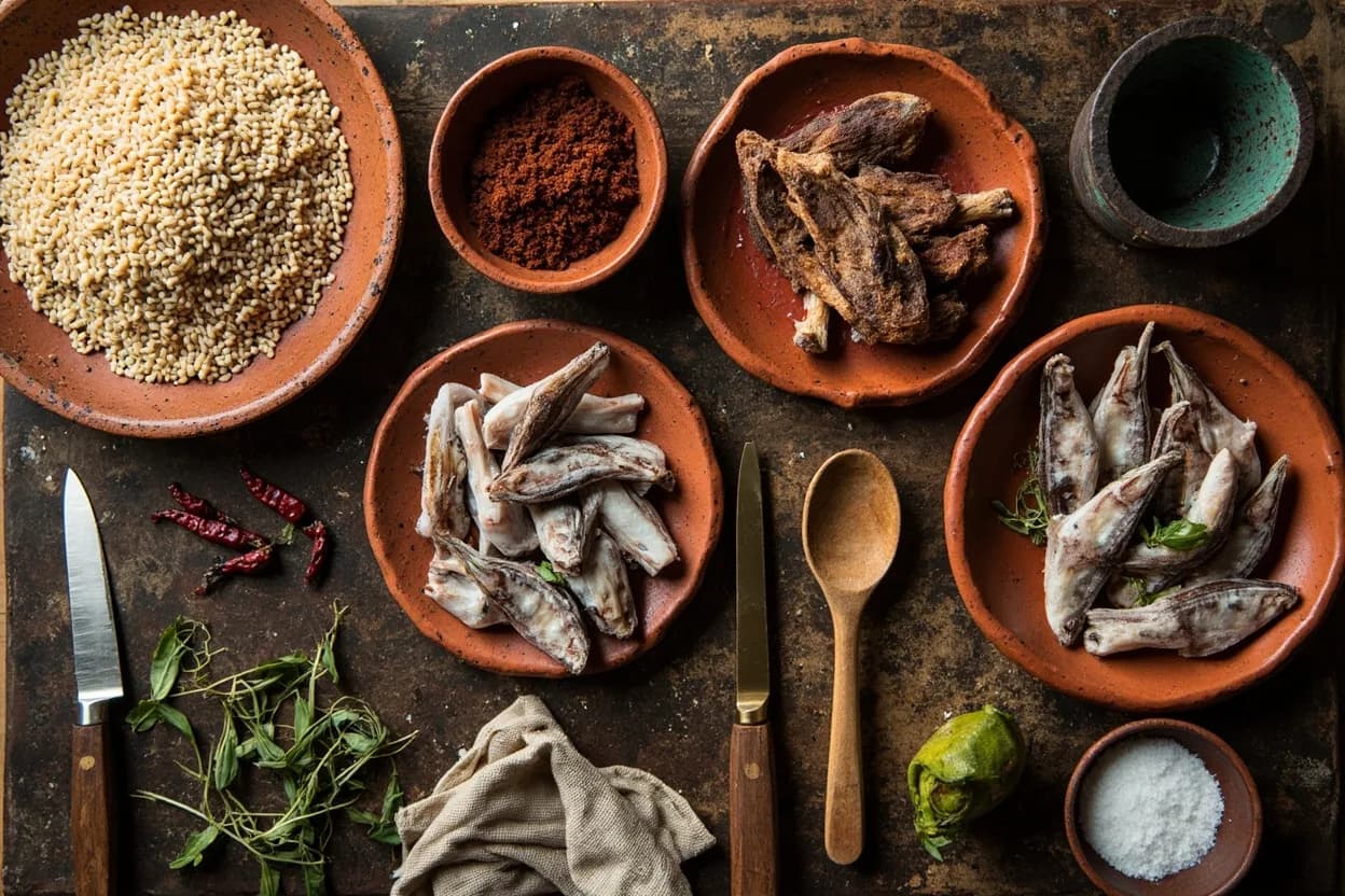 Mise en place for Guerreran Coastal: the staple ingredients and key tools of the tradition laid out on the cook's board.