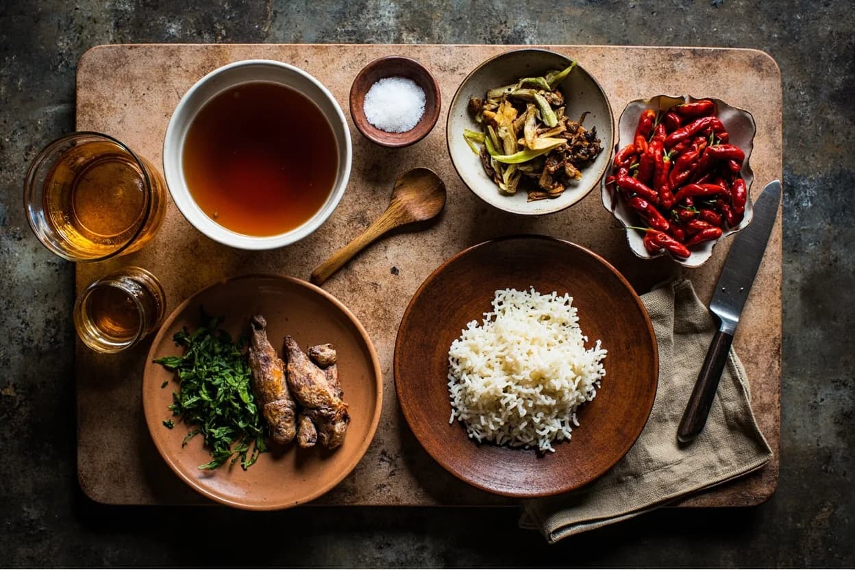 Mise en place for Guizhou (Qian Cuisine): the staple ingredients and key tools of the tradition laid out on the cook's board.