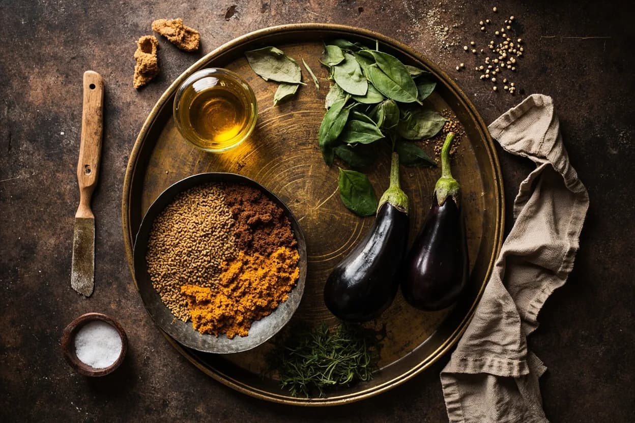 Mise en place for Gujarati: the staple ingredients and key tools of the tradition laid out on the cook's board.