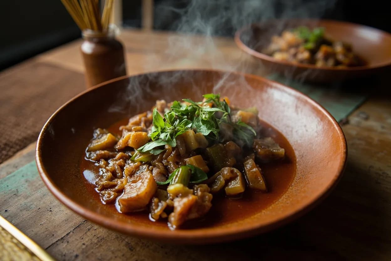 Mei cai kou rou (braised pork belly with preserved mustard greens) — a signature plate from Hakka Chinese cuisine, prepared in the regional style.