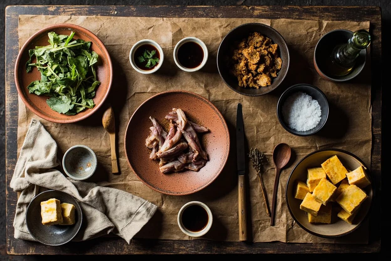 Mise en place for Hakka Chinese: the staple ingredients and key tools of the tradition laid out on the cook's board.