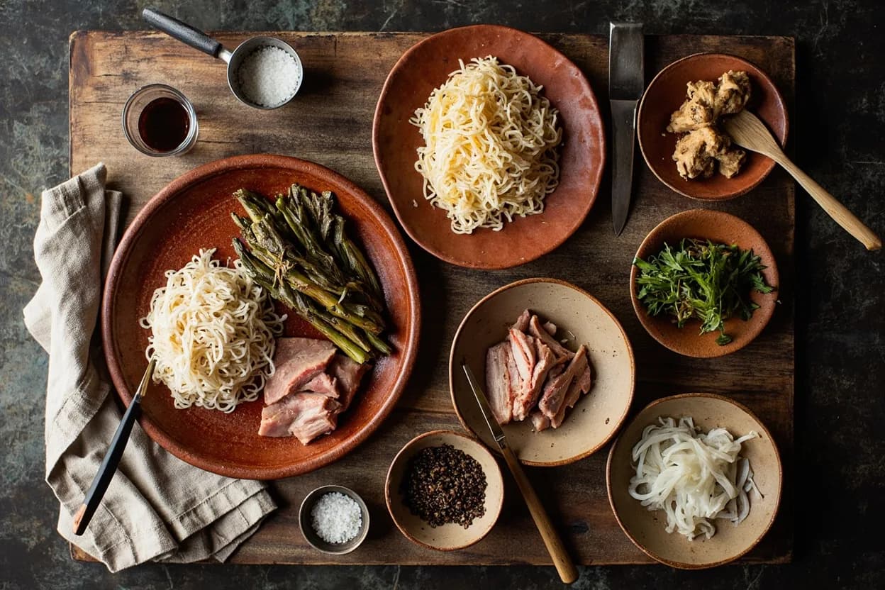 Mise en place for Hawaiian (Indigenous & Plate Lunch): the staple ingredients and key tools of the tradition laid out on the cook's board.