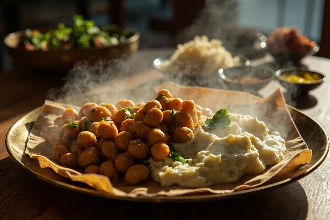 madra (chickpeas slow-cooked in yogurt and ghee) — a signature plate from Himachali cuisine, prepared in the regional style.