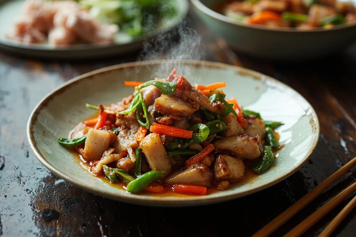 La Wei He Cai (stir-fried smoked pork with seasonal vegetables) — a signature plate from Hunanese (Xiang Cuisine) cuisine, prepared in the regional style.