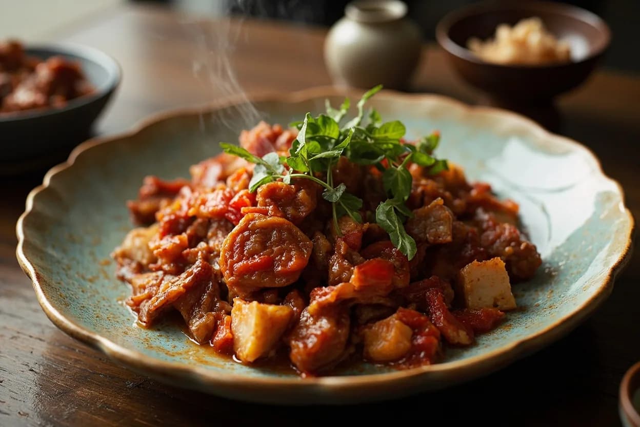 Mao Shi Hong Shao Rou (Mao's red-braised pork — richer, spicier than the Shanghainese version) — a signature plate from Hunanese (Xiang Cuisine) cuisine, prepared in the regional style.