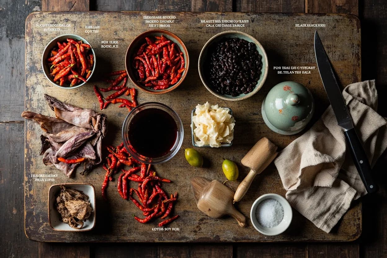 Mise en place for Hunanese (Xiang Cuisine): the staple ingredients and key tools of the tradition laid out on the cook's board.