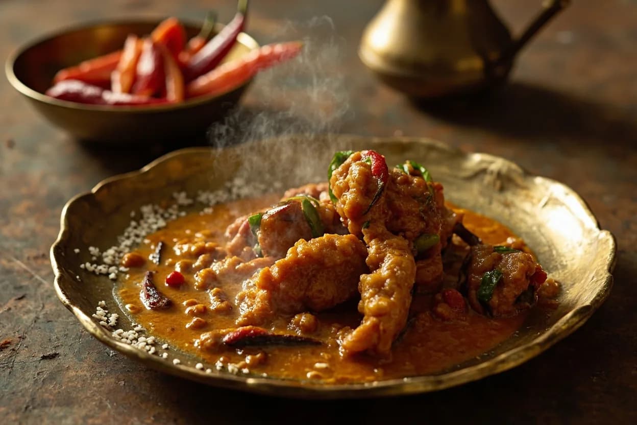 Mirchi ka Salan (chilli curry with peanut-sesame gravy) — a signature plate from Hyderabadi cuisine, prepared in the regional style.