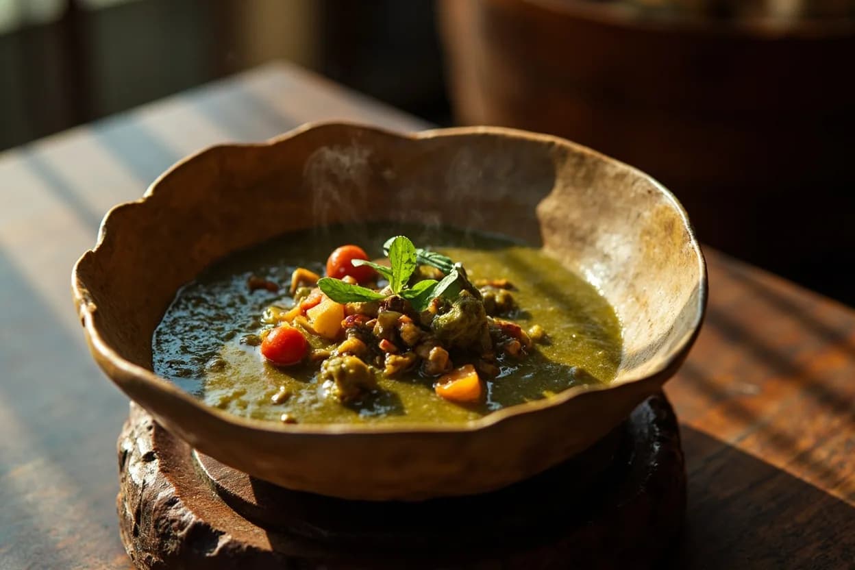 onugbu (bitter leaf soup) — a signature plate from Igbo (Southeast Nigerian) cuisine, prepared in the regional style.