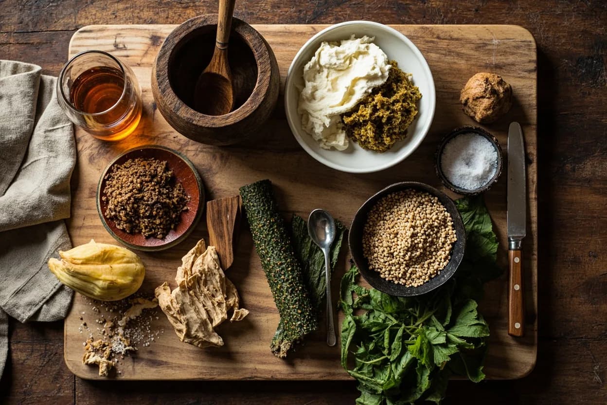 Mise en place for Igbo (Southeast Nigerian): the staple ingredients and key tools of the tradition laid out on the cook's board.