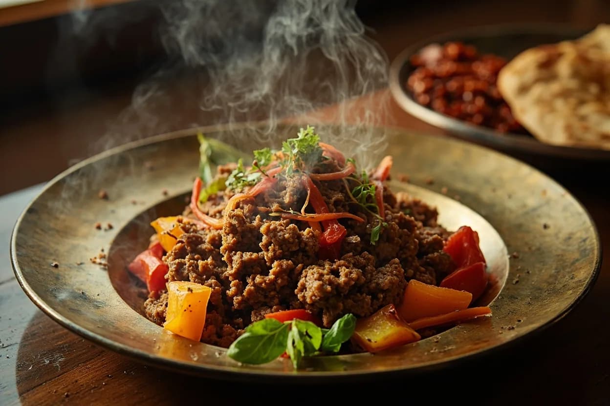 Qeema (spiced ground meat with vegetables) — a signature plate from Iraqi cuisine, prepared in the regional style.