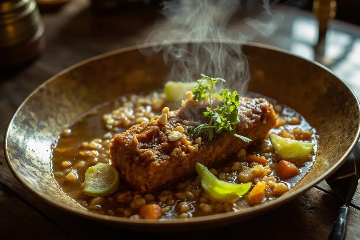 kibbeh hamda (sour broth soup with bulgur kibbeh and celery) — a signature plate from Iraqi Jewish (Baghdadi) cuisine, prepared in the regional style.