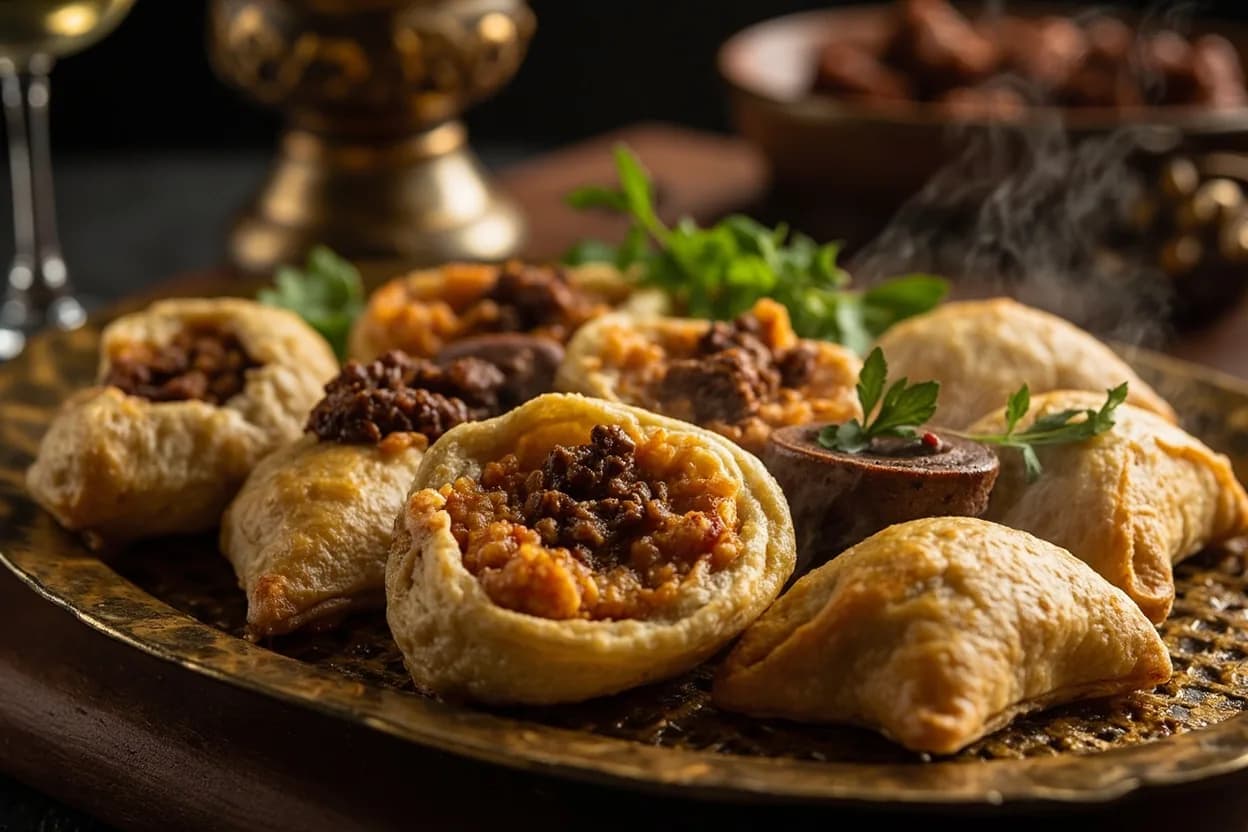 sambousak (semolina-dough pastries filled with spiced ground meat or chickpeas) — a signature plate from Iraqi Jewish (Baghdadi) cuisine, prepared in the regional style.