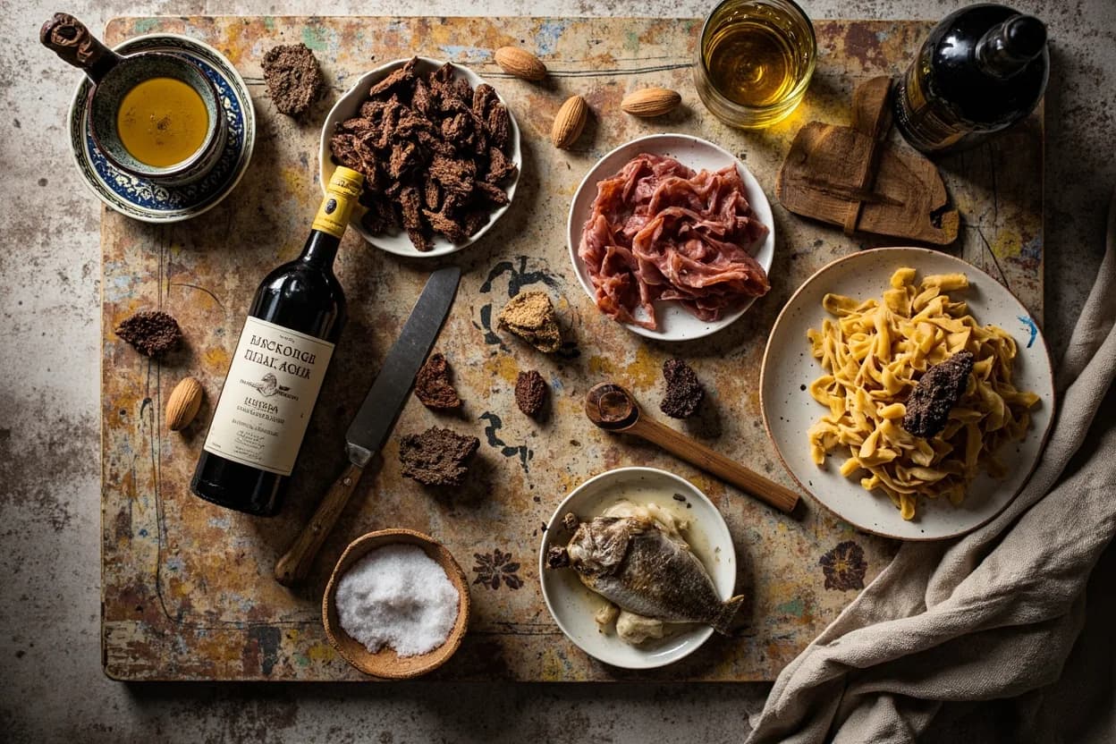 Mise en place for Istrian: the staple ingredients and key tools of the tradition laid out on the cook's board.