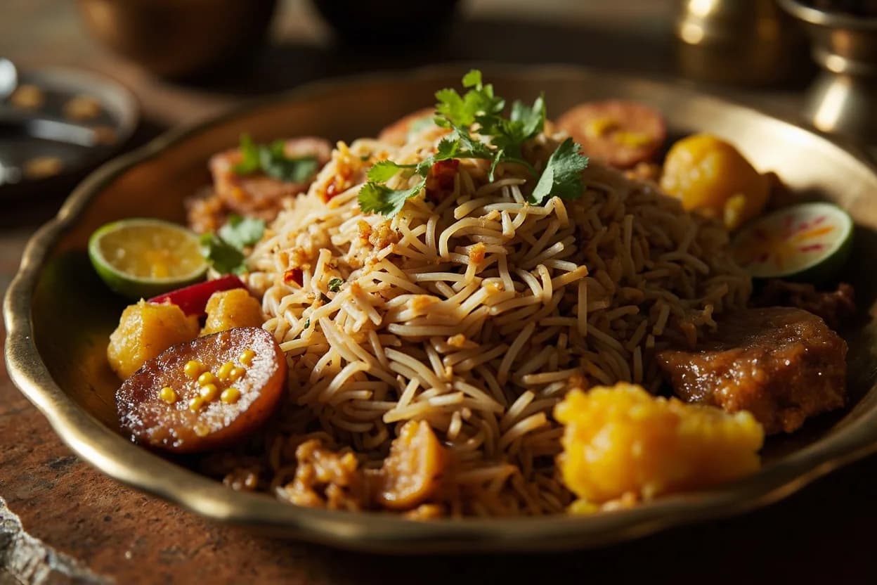 tamarind rice (puliyodharai) — a signature plate from Iyengar (Tamil Brahmin) cuisine, prepared in the regional style.