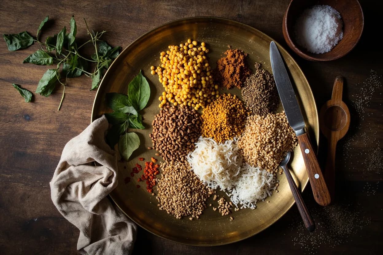 Mise en place for Iyengar (Tamil Brahmin): the staple ingredients and key tools of the tradition laid out on the cook's board.