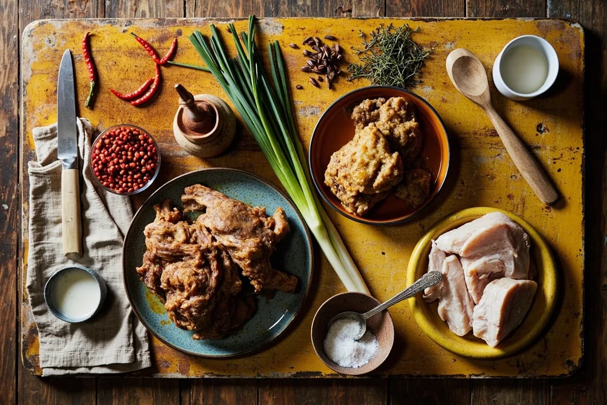 Mise en place for Jamaican: the staple ingredients and key tools of the tradition laid out on the cook's board.