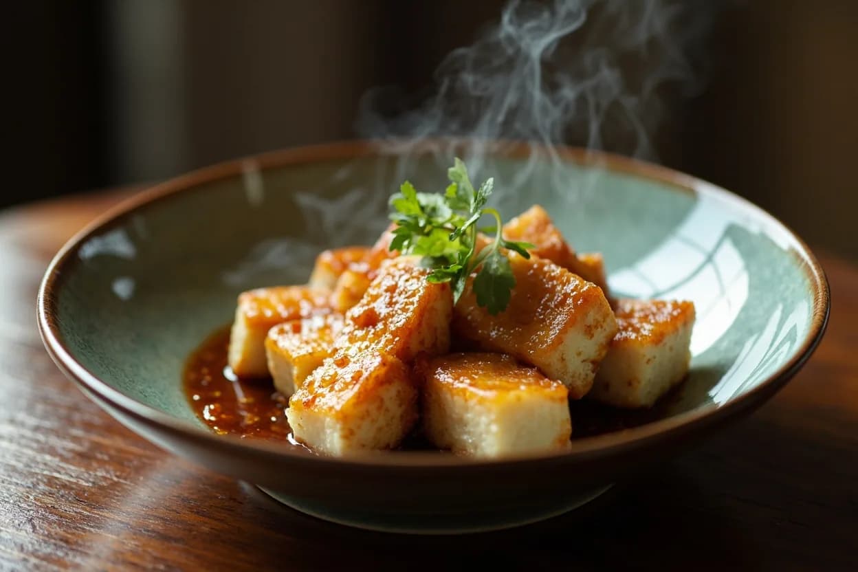 agedashi tofu (deep-fried silken tofu in savory dashi sauce) — a signature plate from Japanese Buddhist Cuisine (Shojin Ryori) cuisine, prepared in the regional style.