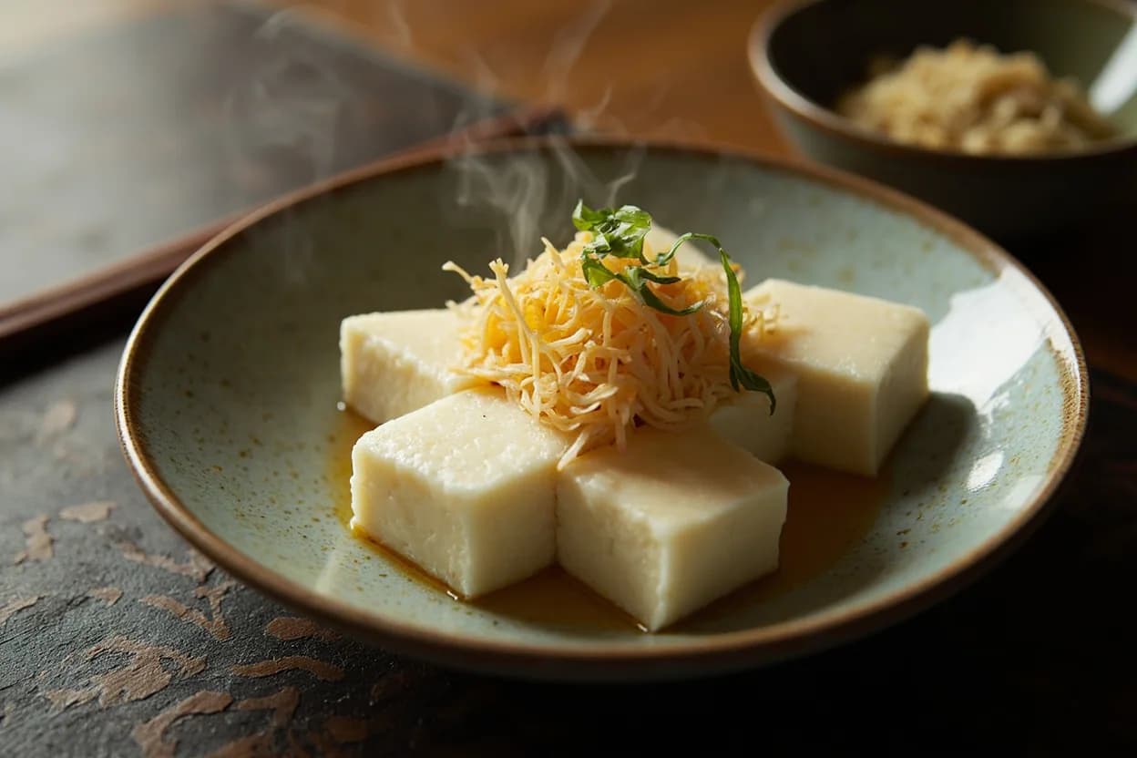 gomadofu (sesame tofu — a set pudding of nerigoma and kuzu starch, served chilled) — a signature plate from Japanese Buddhist Cuisine (Shojin Ryori) cuisine, prepared in the regional style.