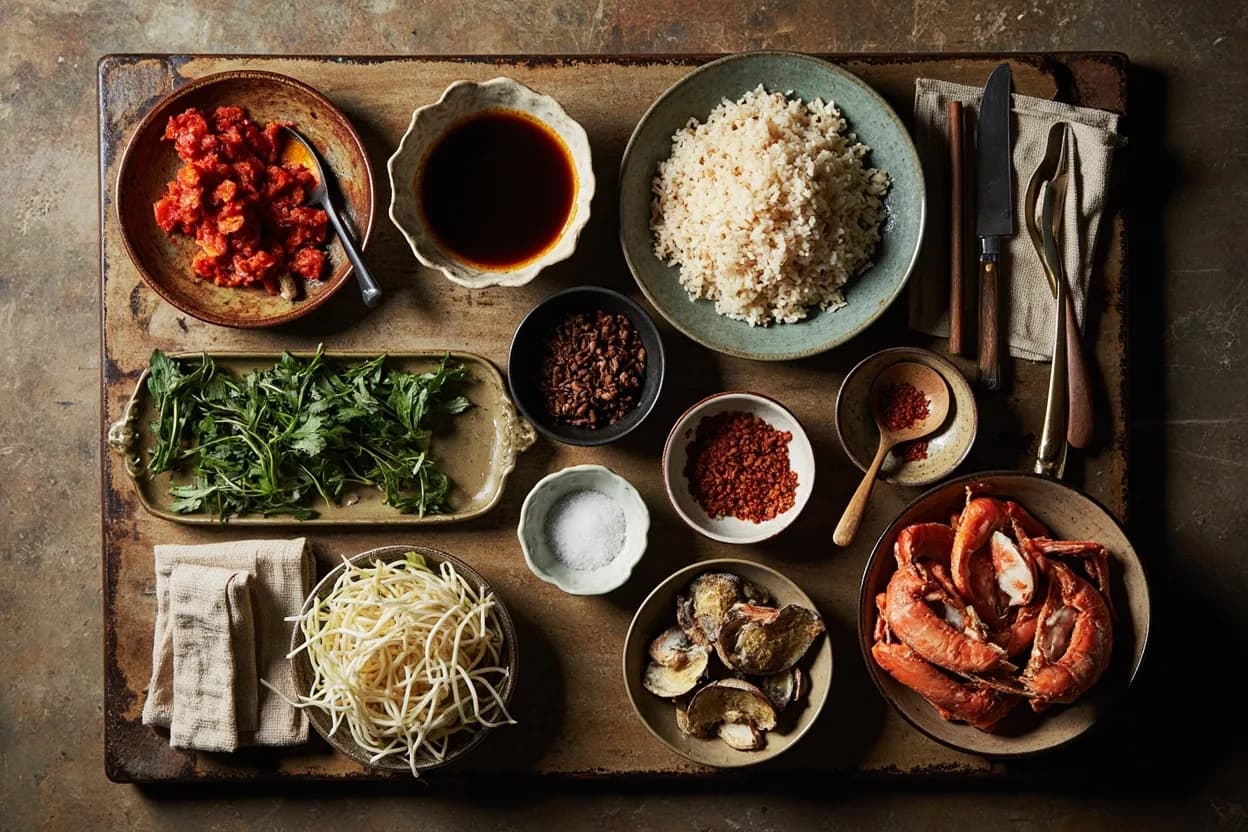 Mise en place for Jeonju (Jeolla) Cuisine: the staple ingredients and key tools of the tradition laid out on the cook's board.