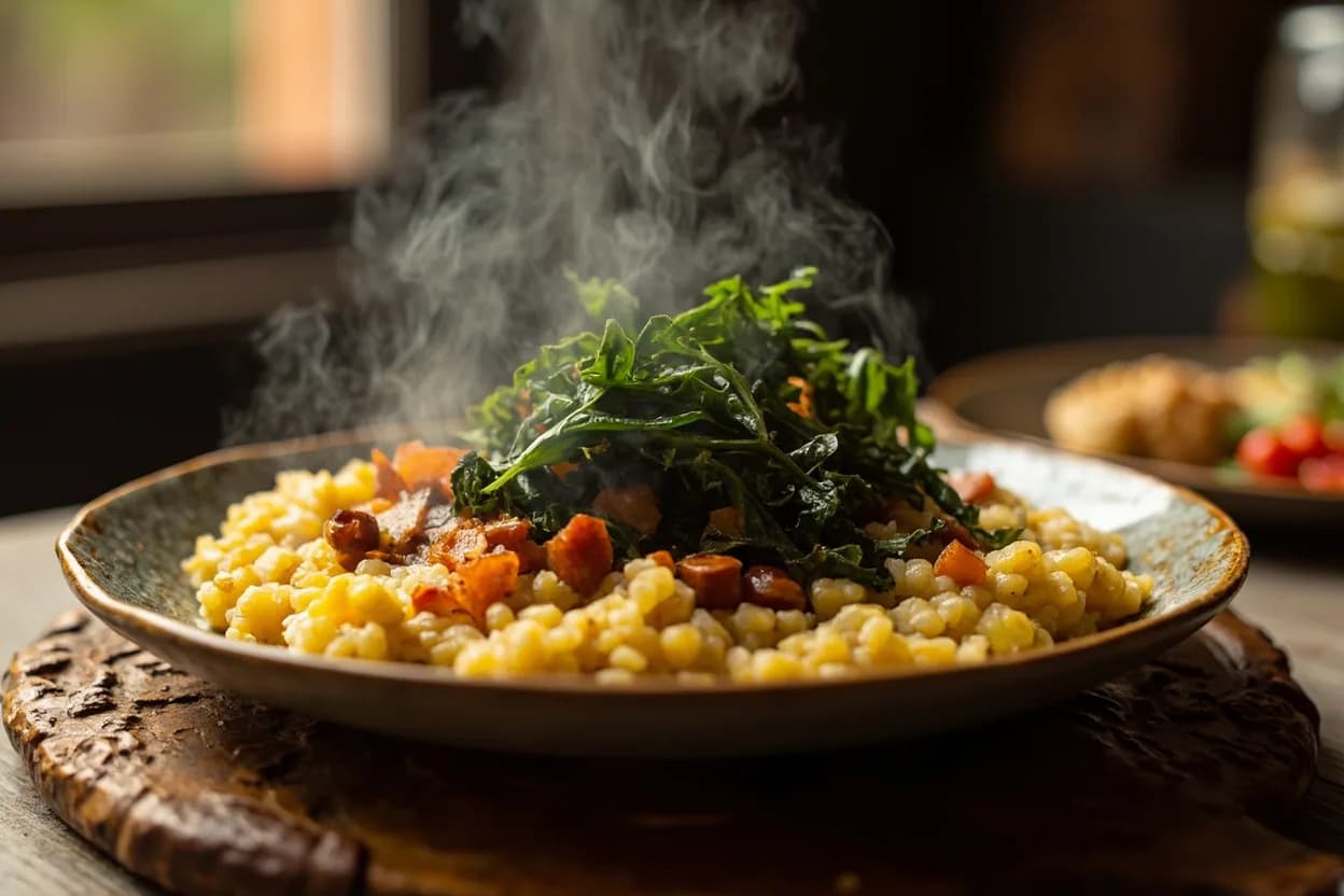 ugali na sukuma wiki (maize porridge with sautéed kale) — a signature plate from Kenyan Nyama Choma Tradition cuisine, prepared in the regional style.