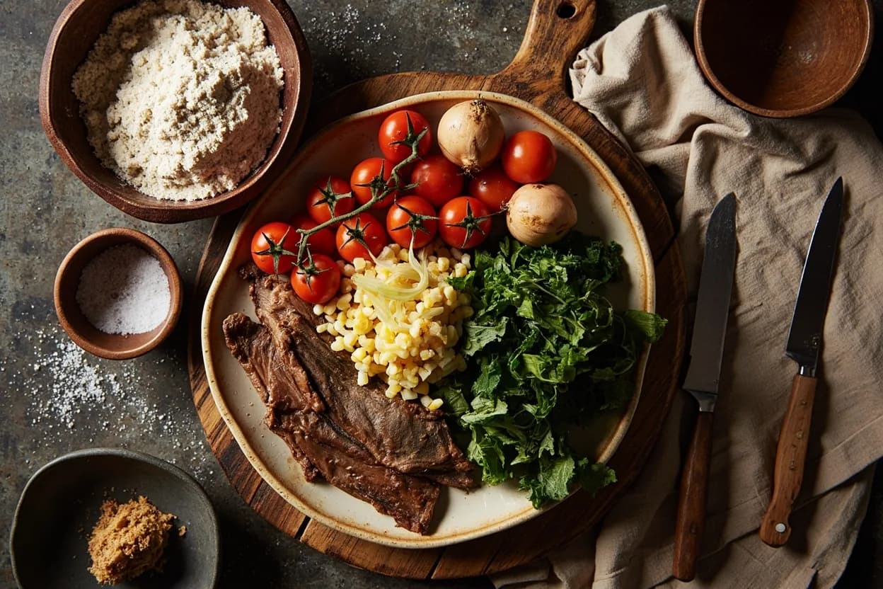 Mise en place for Kenyan Nyama Choma Tradition: the staple ingredients and key tools of the tradition laid out on the cook's board.