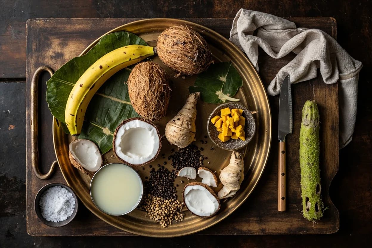 Mise en place for Kerala (Nair & Brahmin Traditions): the staple ingredients and key tools of the tradition laid out on the cook's board.