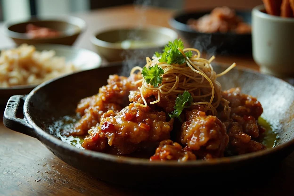 Korean fried chicken (yangnyeom or soy-garlic glazed) — a signature plate from Korean Diaspora Cuisine (LA Koreatown) cuisine, prepared in the regional style.