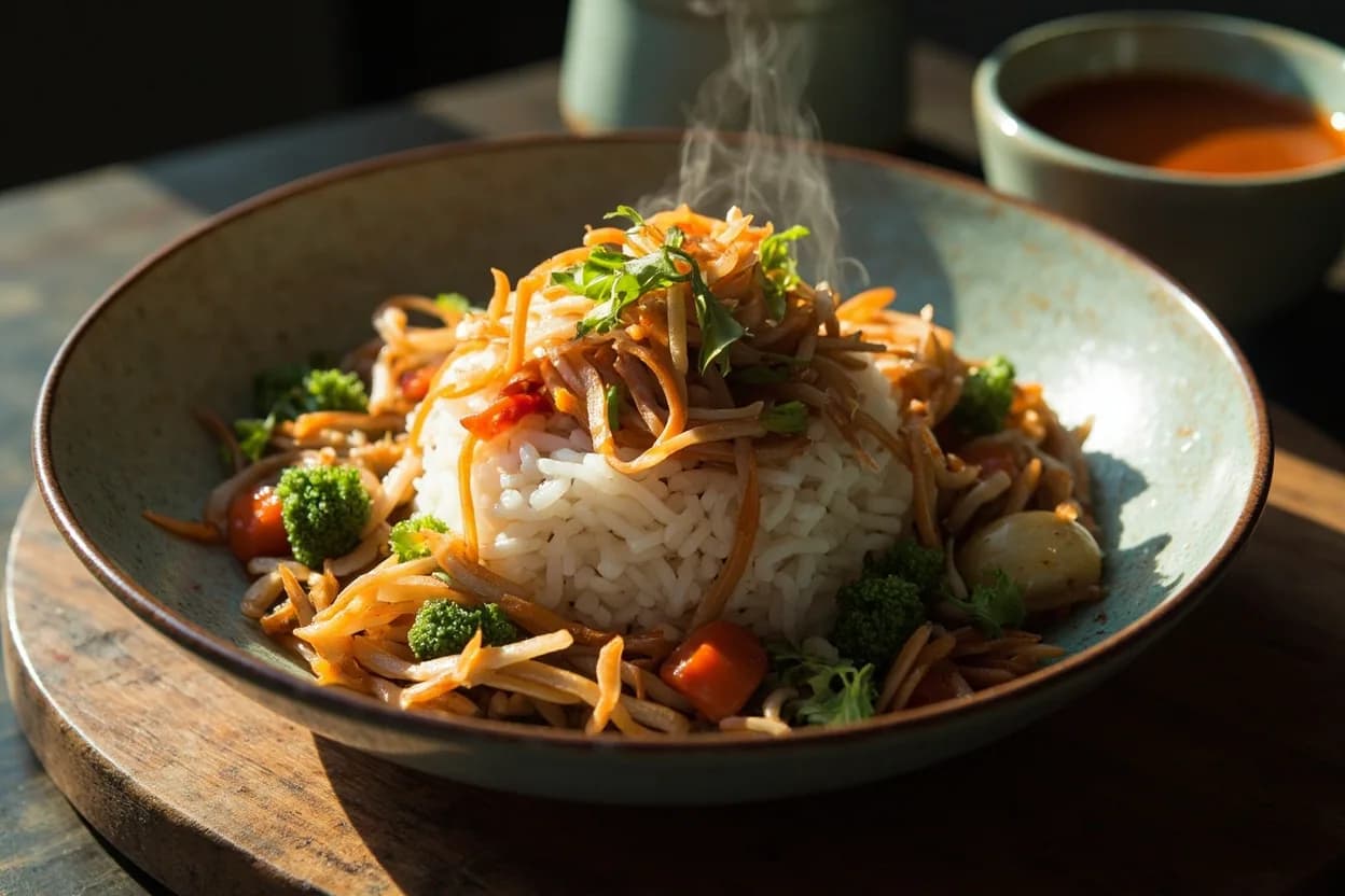 gondre namul bap (thistle rice) — a signature plate from Korean Temple Food (Sachal Eumsik) cuisine, prepared in the regional style.