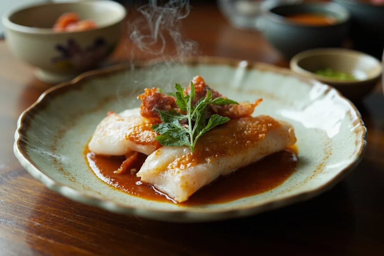 Hamo otoshi (blanched pike conger with plum sauce, the dish of Gion Festival) — a signature plate from Kyoto Cuisine (Kyo-ryori) cuisine, prepared in the regional style.
