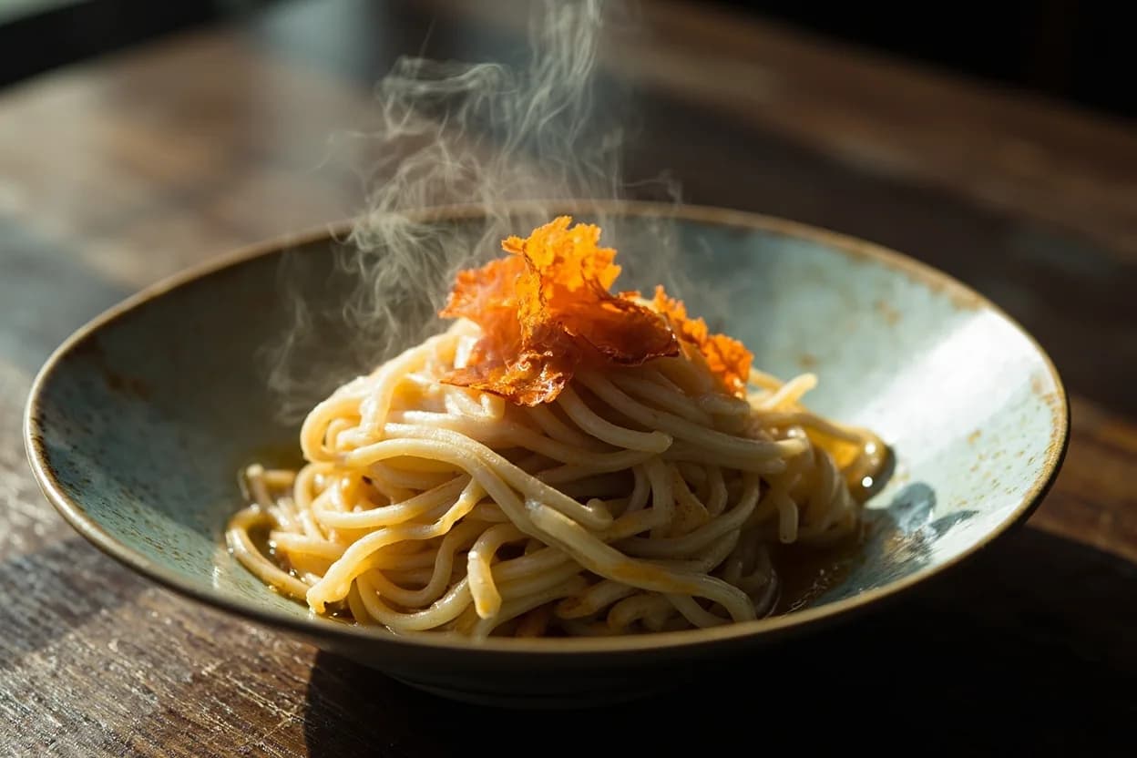 karashi mentaiko pasta — a signature plate from Kyushu Tonkotsu Tradition cuisine, prepared in the regional style.