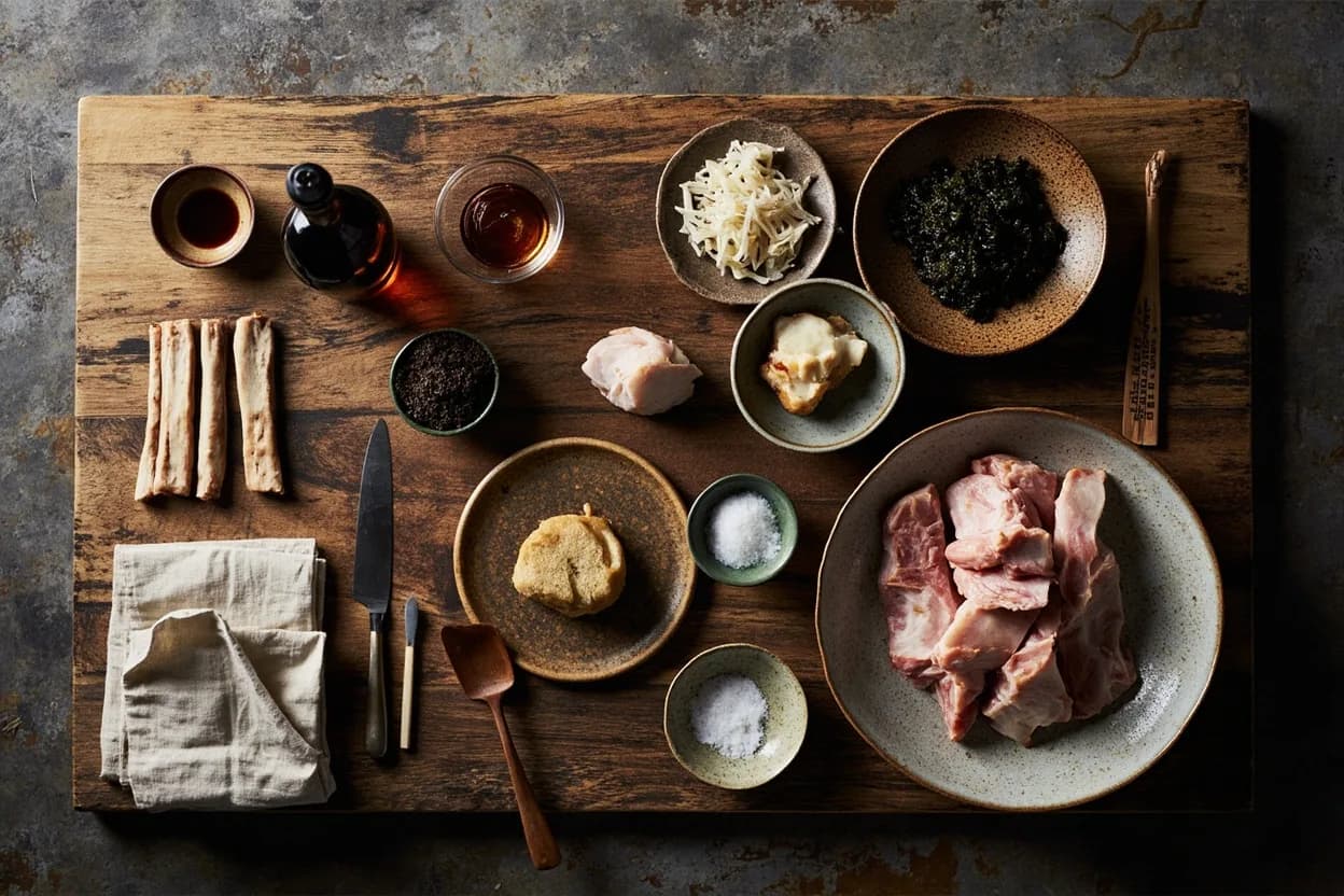 Mise en place for Kyushu Tonkotsu Tradition: the staple ingredients and key tools of the tradition laid out on the cook's board.