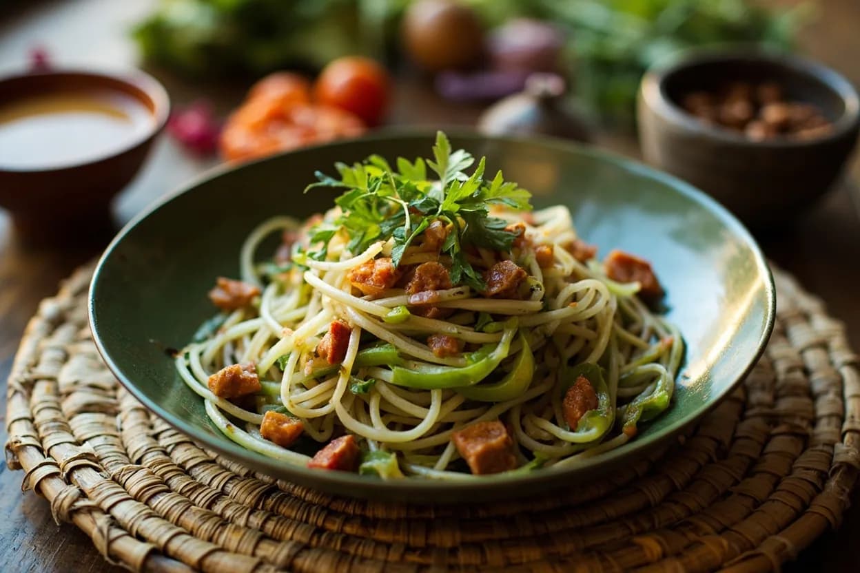 tam mak hoong (green papaya salad with padaek) — a signature plate from Laotian cuisine, prepared in the regional style.