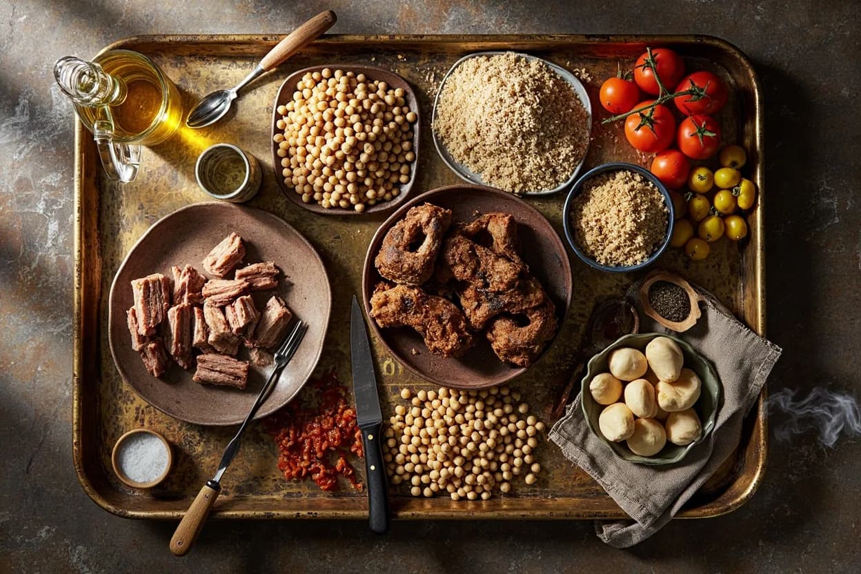Mise en place for Levantine (Bilad al-Sham): the staple ingredients and key tools of the tradition laid out on the cook's board.
