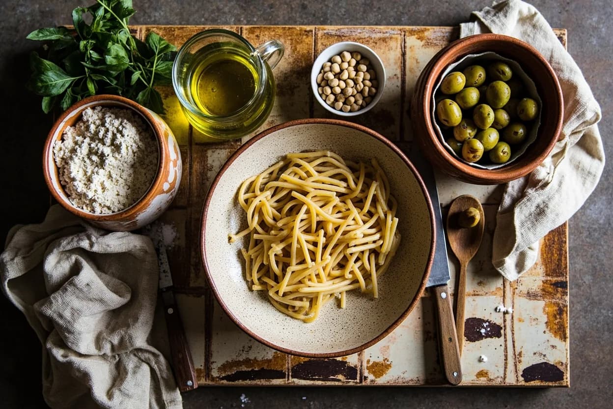 Mise en place for Ligurian: the staple ingredients and key tools of the tradition laid out on the cook's board.