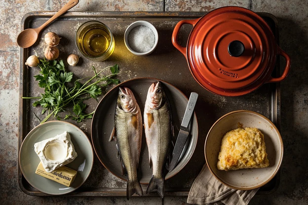 Mise en place for Loire Valley: the staple ingredients and key tools of the tradition laid out on the cook's board.