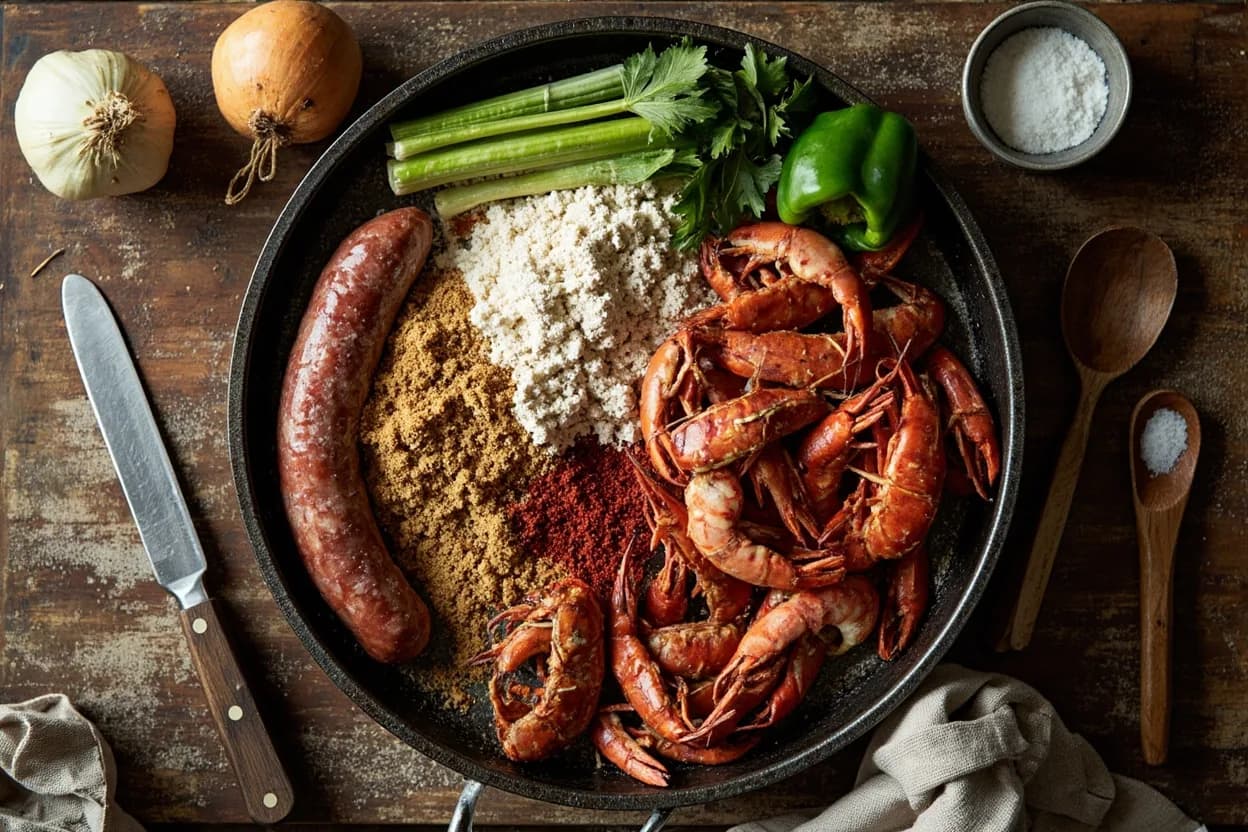 Mise en place for Louisiana Creole & Cajun: the staple ingredients and key tools of the tradition laid out on the cook's board.