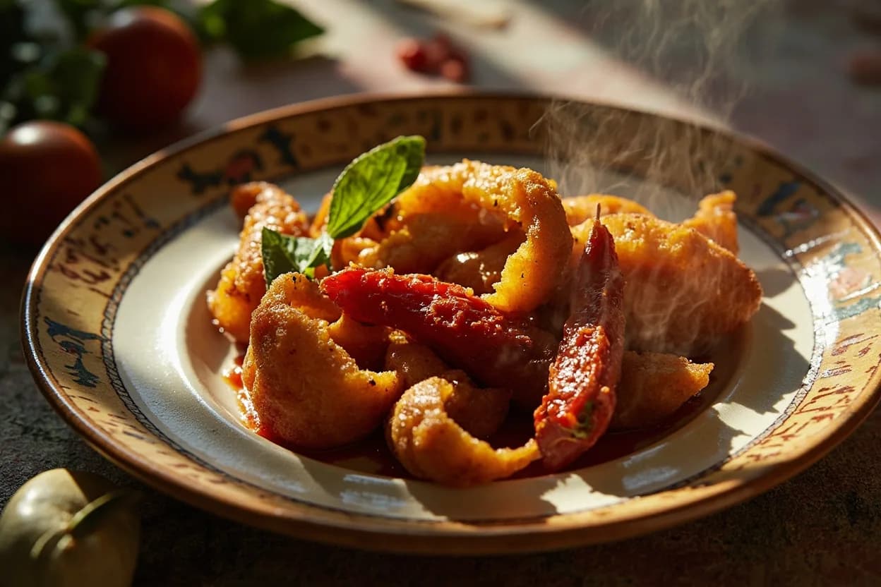 peperoni cruschi fritti (flash-fried brittle sweet peppers) — a signature plate from Lucanian (Basilicata) cuisine, prepared in the regional style.