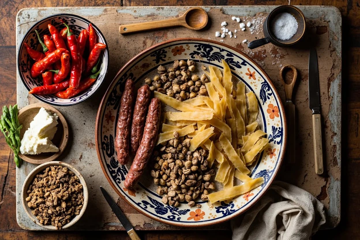 Mise en place for Lucanian (Basilicata): the staple ingredients and key tools of the tradition laid out on the cook's board.