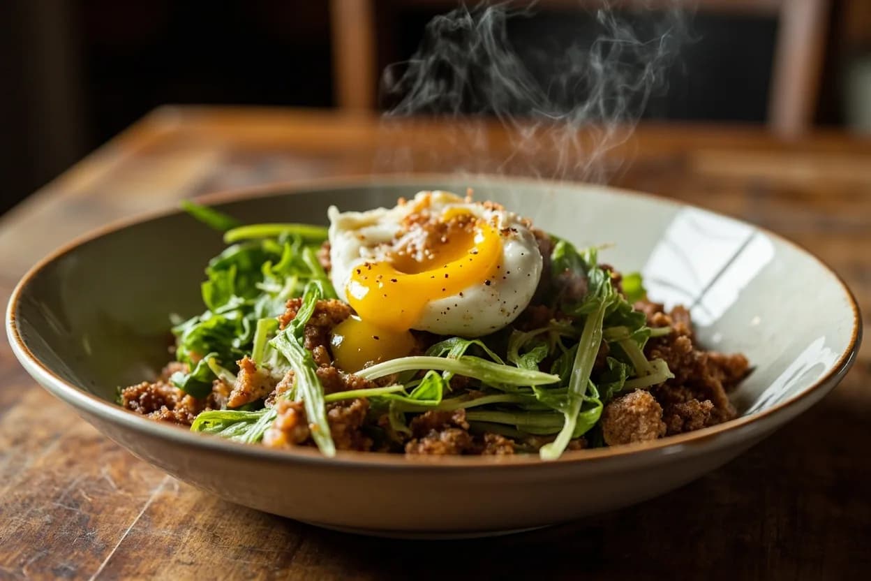 Salade Lyonnaise (frisée, lardons, poached egg, mustard vinaigrette) — a signature plate from Lyonnaise (Bouchon Tradition) cuisine, prepared in the regional style.