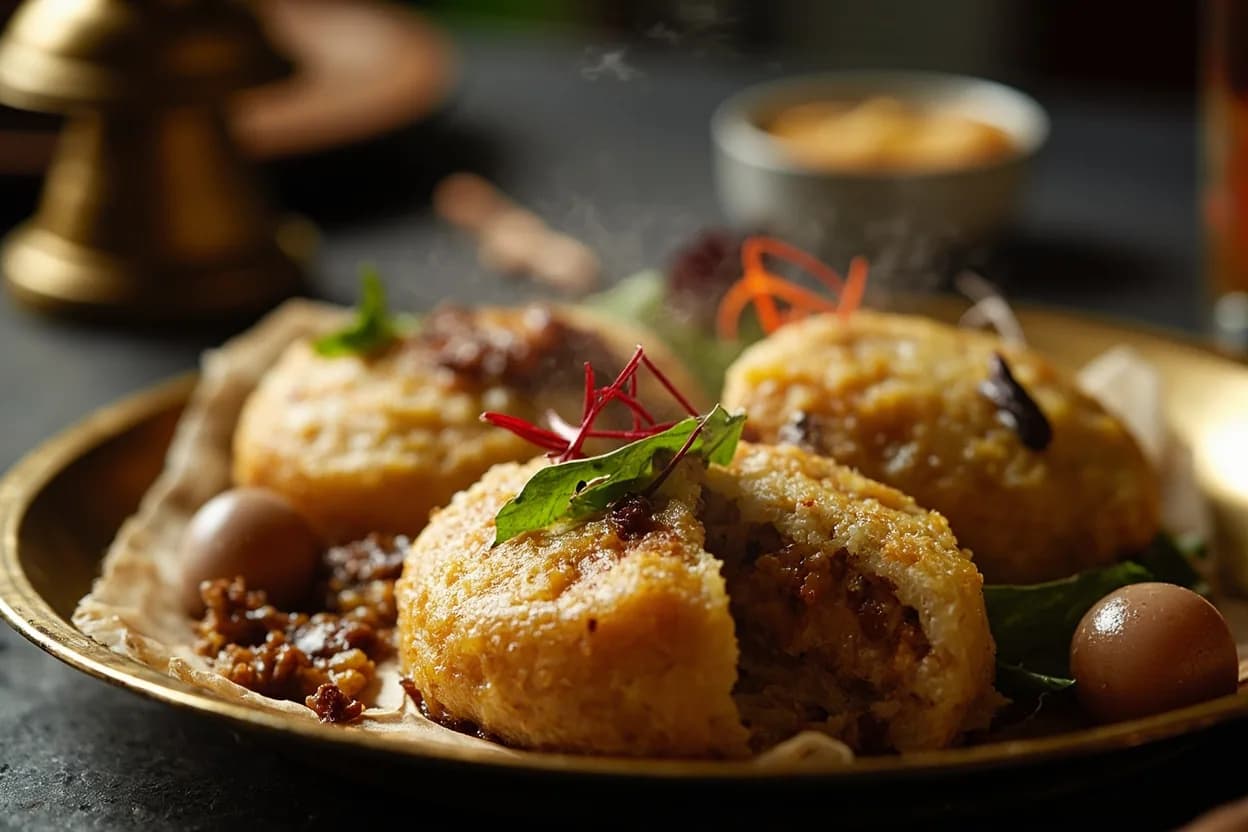 irachi pathiri (meat-stuffed layered rice bread) — a signature plate from Malabar Muslim (Mappila) cuisine, prepared in the regional style.