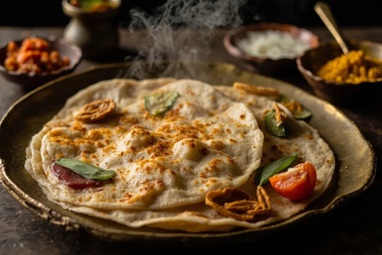 pathiri (thin rice-flour flatbread) — a signature plate from Malabar Muslim (Mappila) cuisine, prepared in the regional style.
