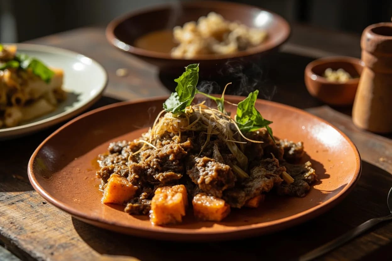 ravitoto sy henakisoa (pork with crushed cassava leaves) — a signature plate from Malagasy cuisine, prepared in the regional style.