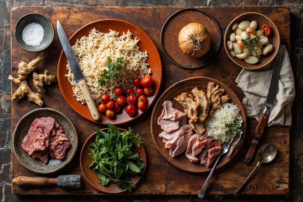Mise en place for Malagasy: the staple ingredients and key tools of the tradition laid out on the cook's board.