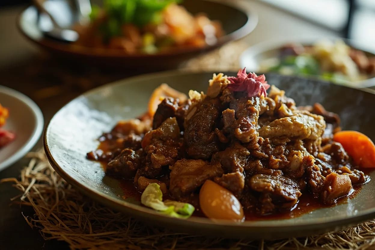 Beef rendang (dry coconut-and-spice braised beef) — a signature plate from Malay cuisine, prepared in the regional style.