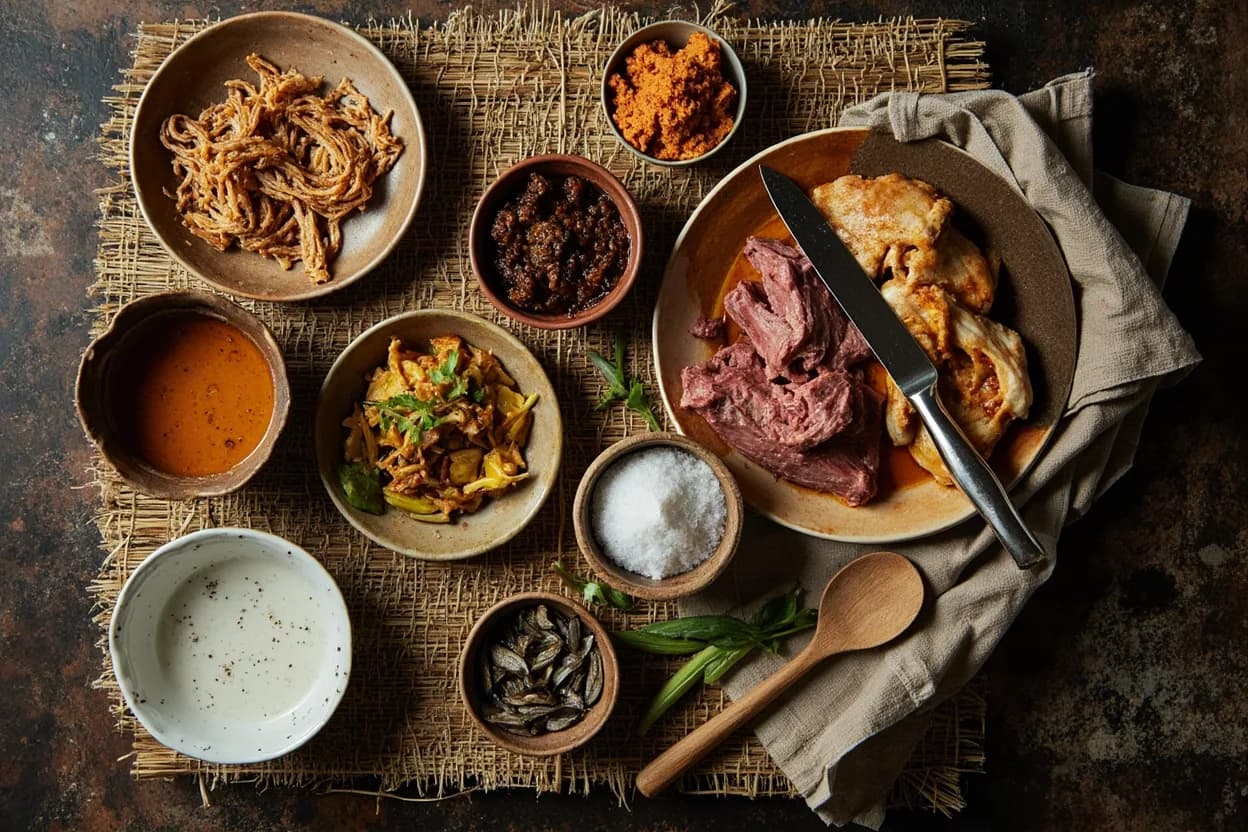 Mise en place for Malay: the staple ingredients and key tools of the tradition laid out on the cook's board.